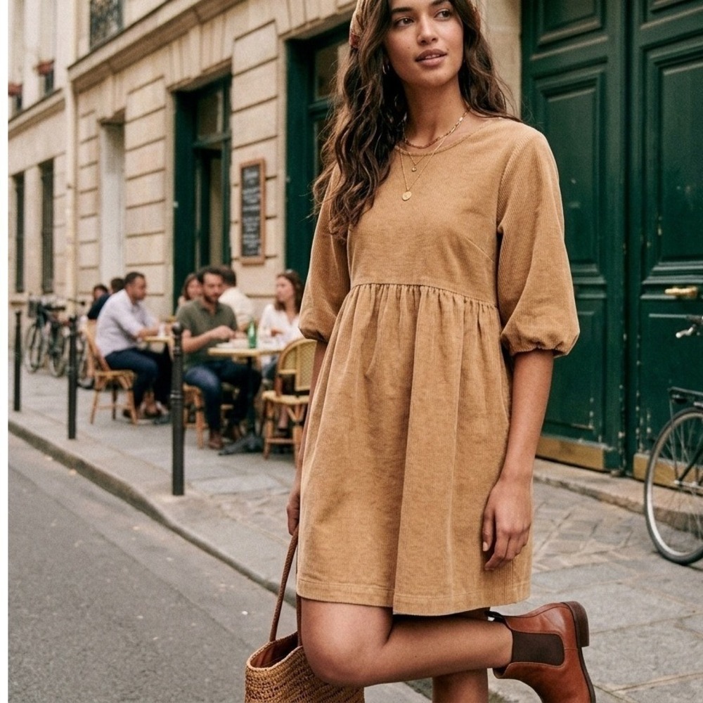 Everlane Corduroy Mini Dress Medium Tan Puff Sleeve Empire Waist Cotton Relaxed